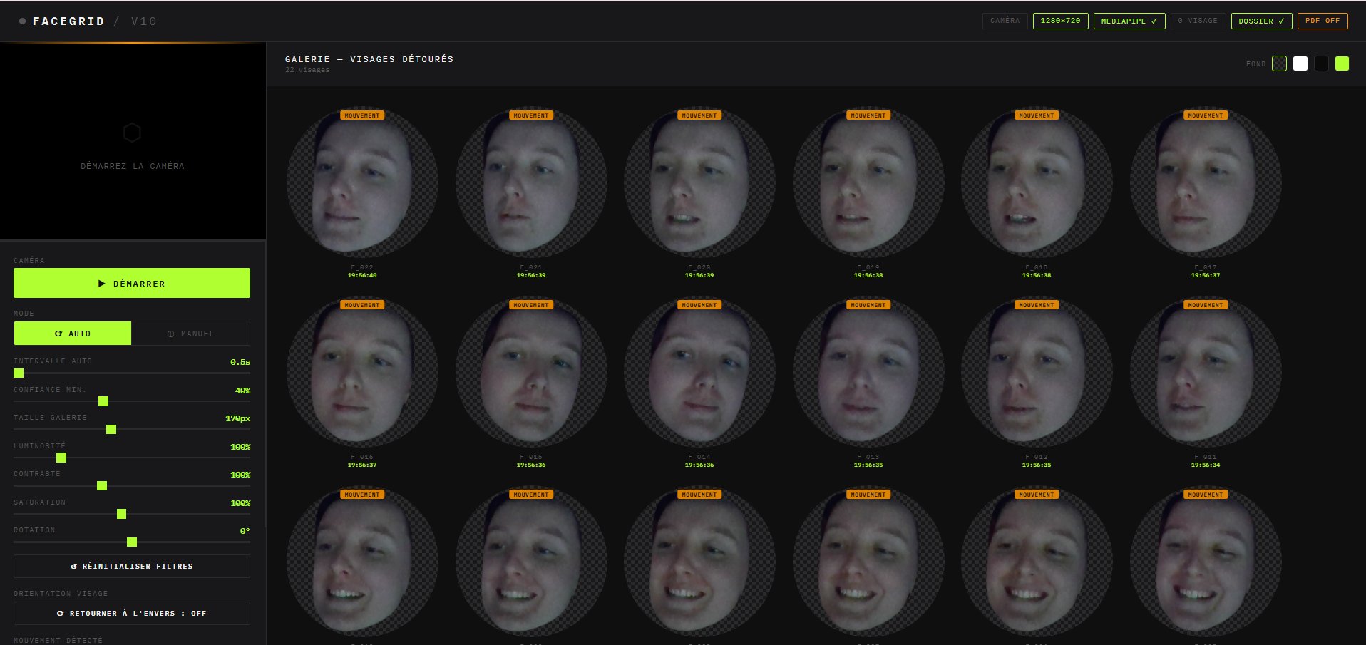 FaceGrid — interface de capture et détourage des visages